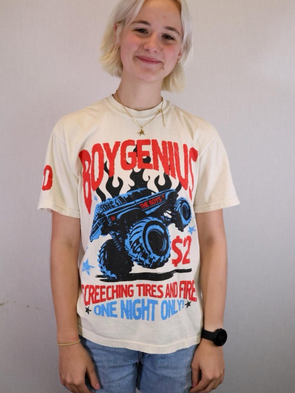 Graphic Short Sleeve Tee - Cream with Blue & Red Print